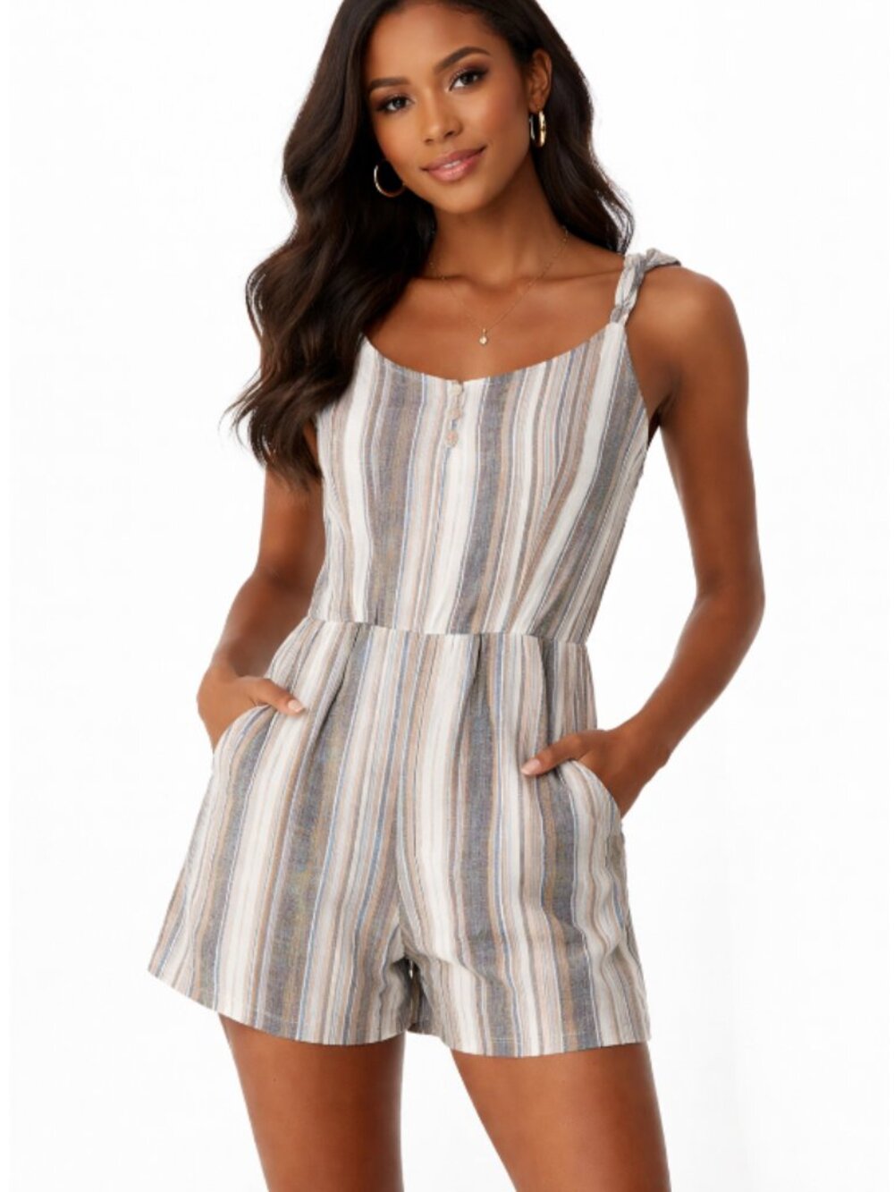 NWT Gaya Romper Stripes Linen Pockets Small